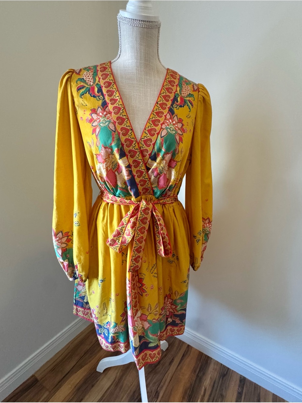 ANTONIO MELANI Mustard Yellow Floral Wrap Dress with Multicolor Trim